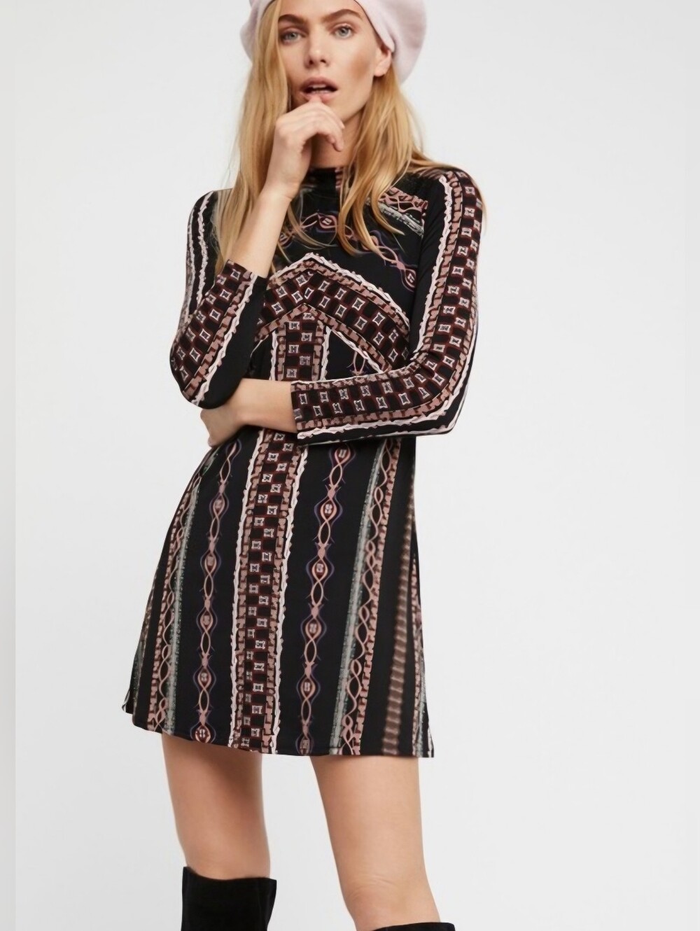 Free People Boho Long-Sleeve Black & Pink Geometric Print Mini Dress, Size S